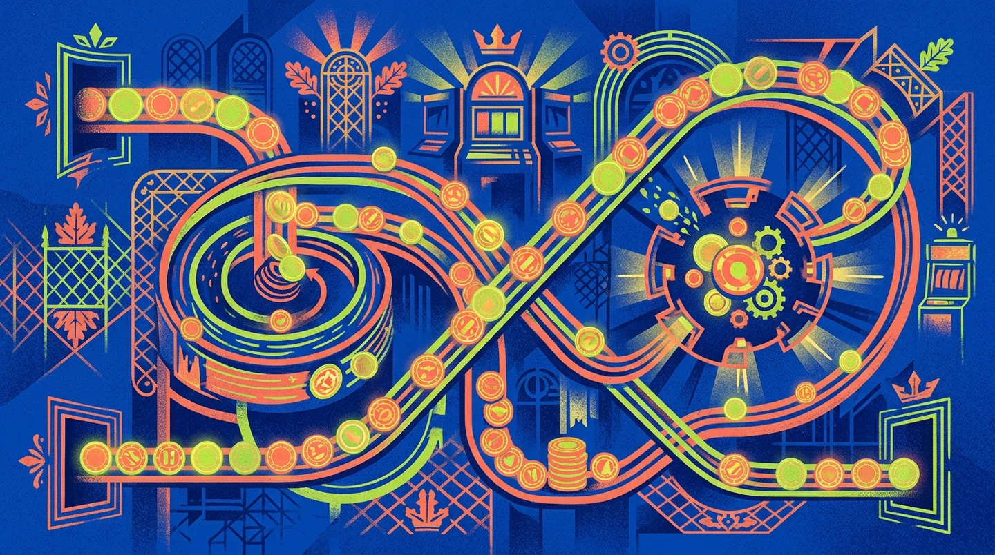 Abstrakte GameTwist Spielschleife mit farbigen Routen und virtuellen Tokens